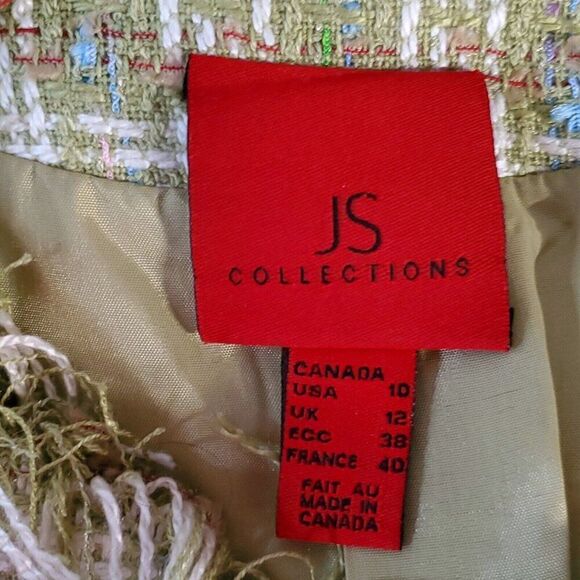 JS Collections Woven Plaid Tweed Jacket 10 M Green Frayed Fringe Trim Velvet Tie - Picture 6 of 6